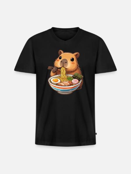 Capybara Eats Ramen Noodles - Men's Premium Organic T-shirt with V-neck - black