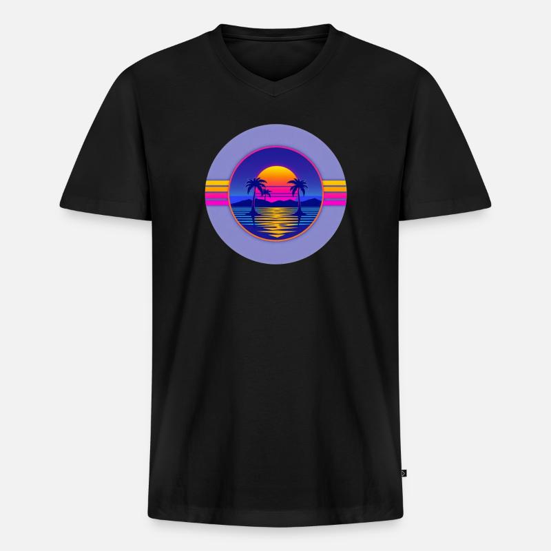 Sunset Neon Palms Circle - Männer Premium Bio T-Shirt mit V-Ausschnitt - Schwarz