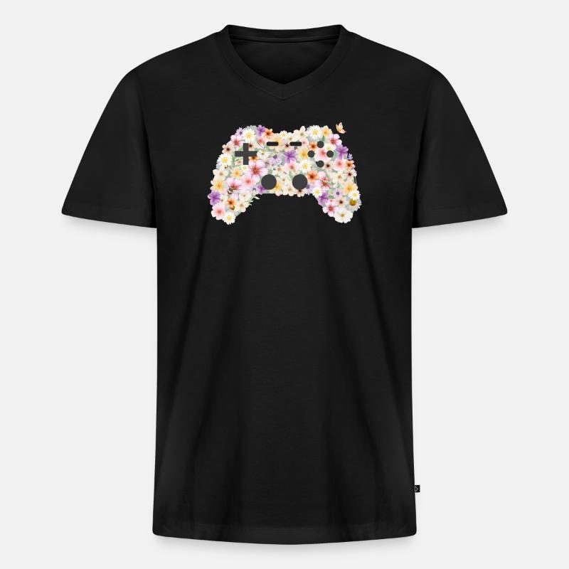 Floral Gamepad: Blütenkunst Controller - Männer Premium Bio T-Shirt mit V-Ausschnitt - Schwarz