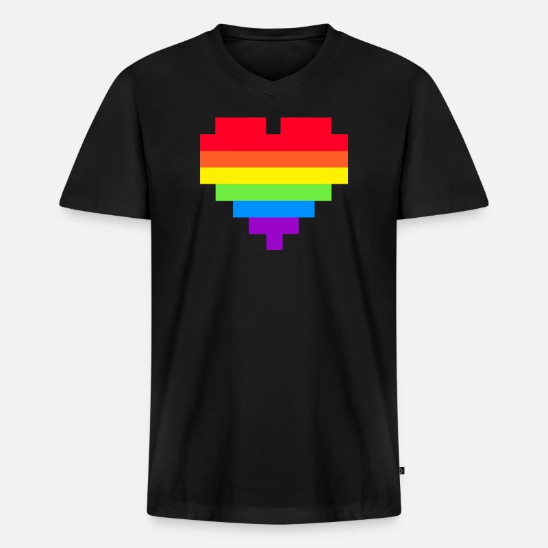Pixel Herz Regenbogenfahne - Männer Premium Bio T-Shirt mit V-Ausschnitt - Schwarz