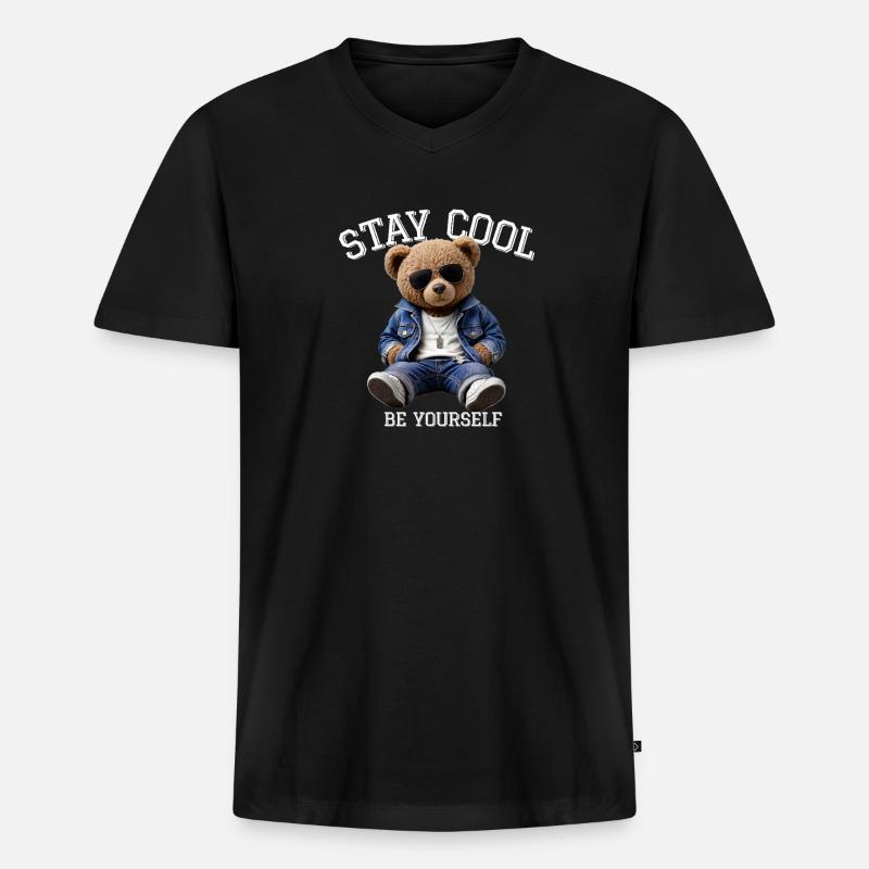 Stay Cool Be Yourself Teddy - Männer Premium Bio T-Shirt mit V-Ausschnitt - Schwarz