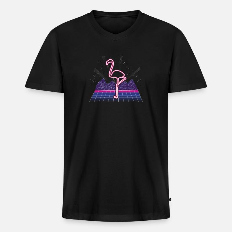 80s Synthwave Neon Flamingo Retro - Männer Premium Bio T-Shirt mit V-Ausschnitt - Schwarz