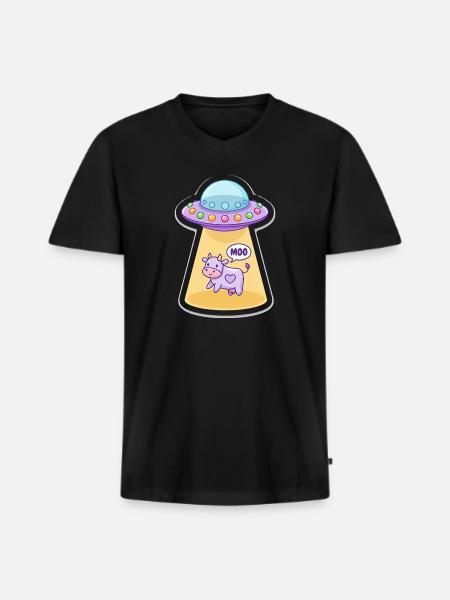MOO Sjov Alien Ko i UFO Light Beam tegnefilm - Premium økologisk T-shirt med V-hals til mænd - sort