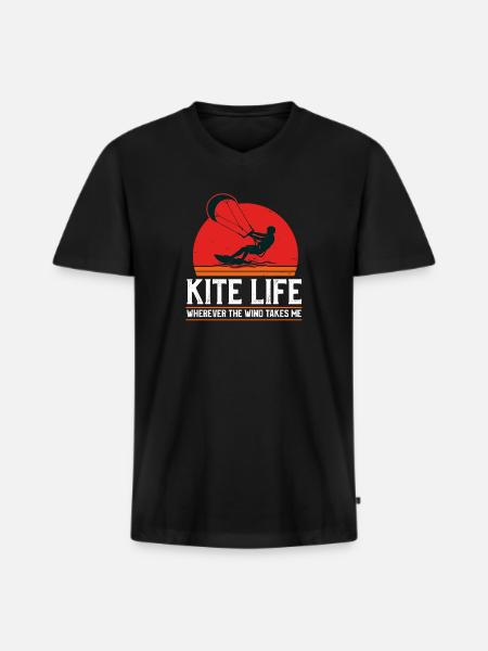 Kite Life Retro - Männer Premium Bio T-Shirt mit V-Ausschnitt - Schwarz