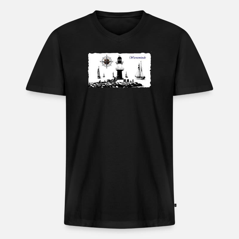 Warnemünde Leuchtturm Kompass Edition - Männer Premium Bio T-Shirt mit V-Ausschnitt - Schwarz