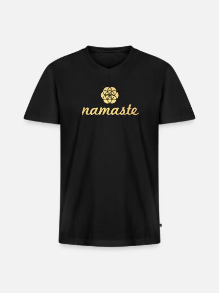 Namaste Yoga Fiore d'oro della vita Shanti Ornamento - Maglietta ecologica premium da uomo con scollo a V - nero