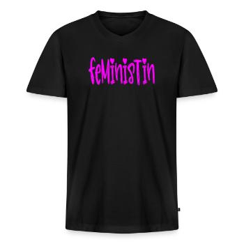 Feministin - Männer Premium Bio T-Shirt mit V-Ausschnitt - Schwarz - Vorne - Nico (187cm)
