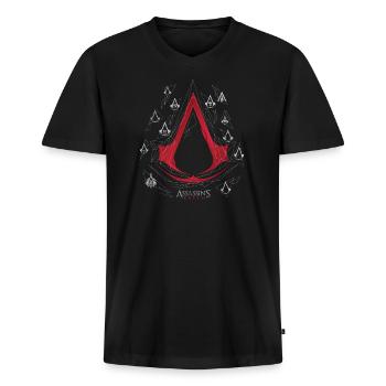Assassin's Creed Rouge Logo Avec Symboles - T-shirt encolure en V Premium bio Homme - noir - Devant - Nico (187cm)