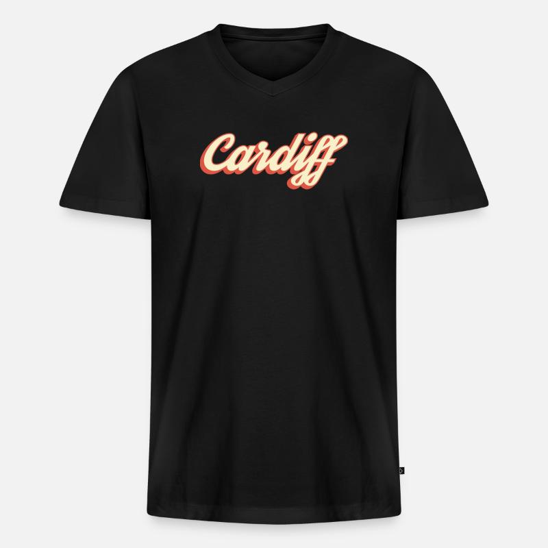 Cardiff Retro Script Logo - Männer Premium Bio T-Shirt mit V-Ausschnitt - Schwarz