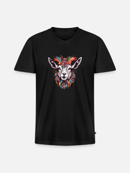Ziege mit buntem Federschmuck - Männer Premium Bio T-Shirt mit V-Ausschnitt - Schwarz