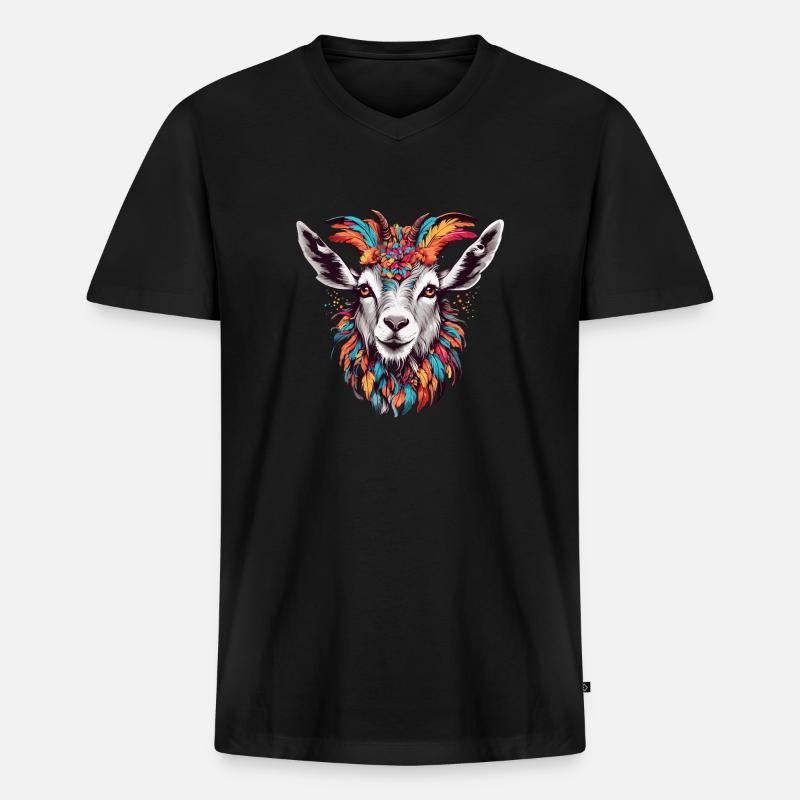 Ziege mit buntem Federschmuck - Männer Premium Bio T-Shirt mit V-Ausschnitt - Schwarz