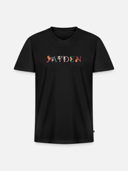 JAYDEN Namenskunst mit gestickten Blumen - Männer Premium Bio T-Shirt mit V-Ausschnitt - Schwarz