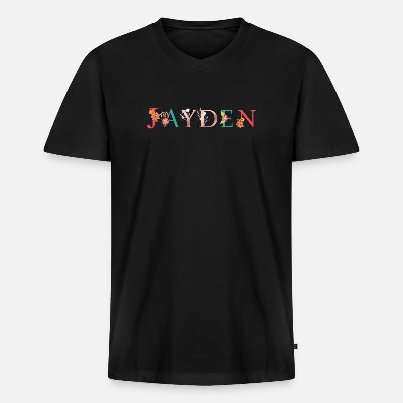 JAYDEN Namenskunst mit gestickten Blumen - Männer Premium Bio T-Shirt mit V-Ausschnitt - Schwarz