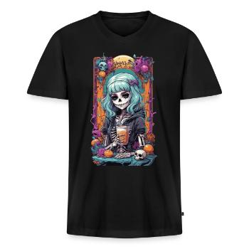 Gothic Girl citrouille épices Latte Design d’automne - T-shirt encolure en V Premium bio Homme - noir - Devant - Nico (187cm)