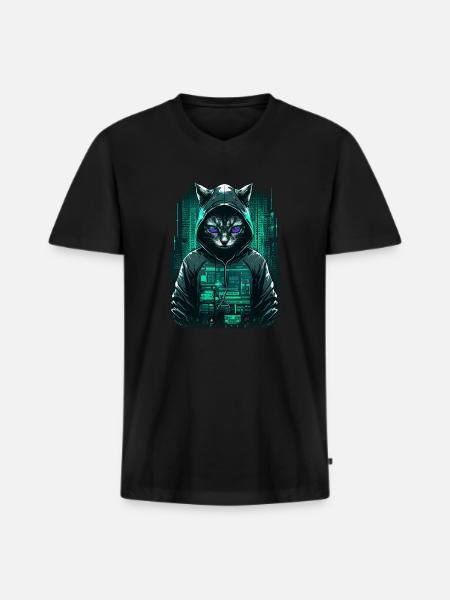 Cyber Hacker Cat - Men's Premium Organic T-shirt with V-neck - black