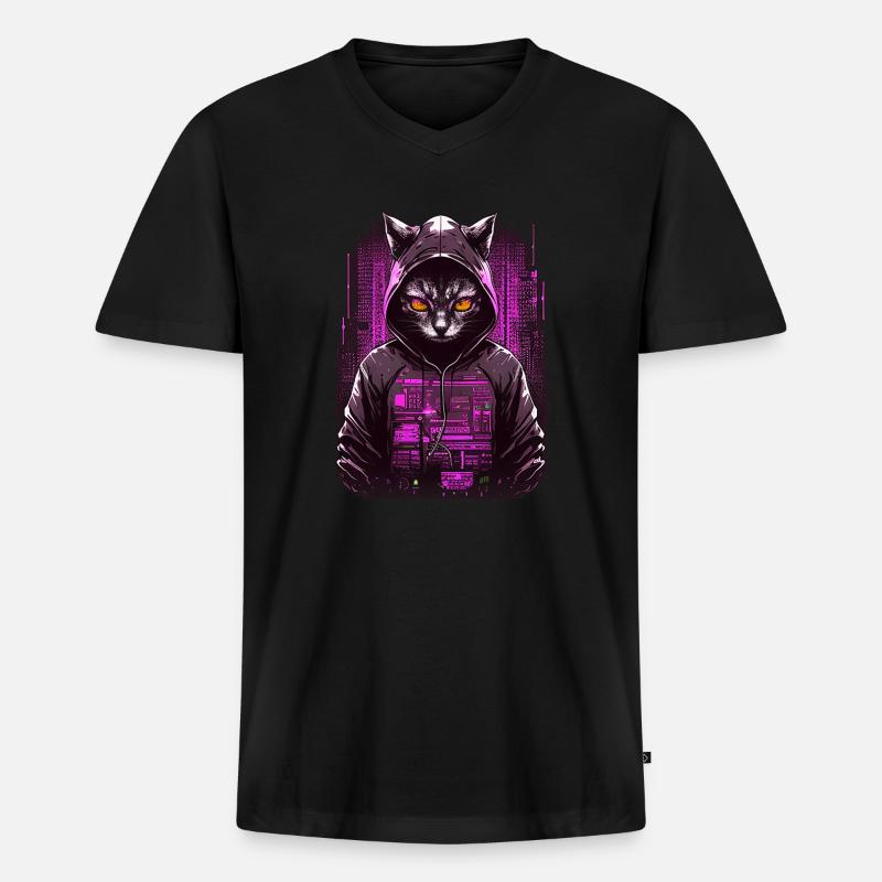 Cyber Hacker Katze - Männer Premium Bio T-Shirt mit V-Ausschnitt - Schwarz