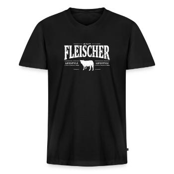 Fleischer - Männer Premium Bio T-Shirt mit V-Ausschnitt - Schwarz - Vorne - Nico (187cm)