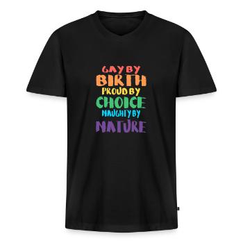 Gay de naissance - T-shirt encolure en V Premium bio Homme - noir - Devant - Nico (187cm)