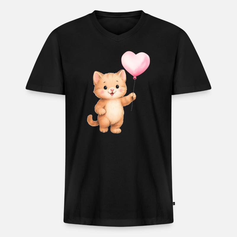 Herzballon Katze - Männer Premium Bio T-Shirt mit V-Ausschnitt - Schwarz