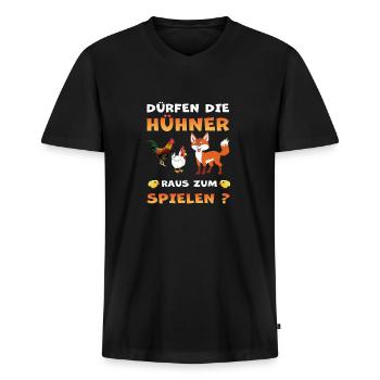 Hühner Fuchs spielt mit Huhn - Männer Premium Bio T-Shirt mit V-Ausschnitt - Schwarz - Vorne - Nico (187cm)