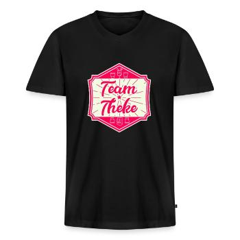 Team Theke - Teamshirt für den Sommer - Männer Premium Bio T-Shirt mit V-Ausschnitt - Schwarz - Vorne - Nico (187cm)