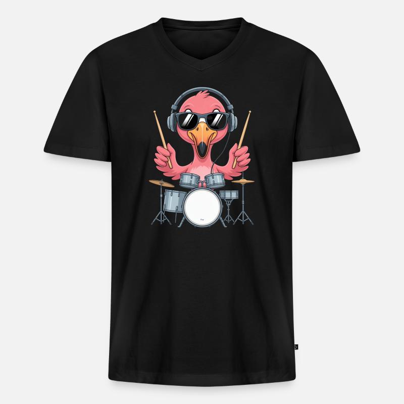 Flamingo Schlagzeuger Mit Kopfhörern - Männer Premium Bio T-Shirt mit V-Ausschnitt - Schwarz