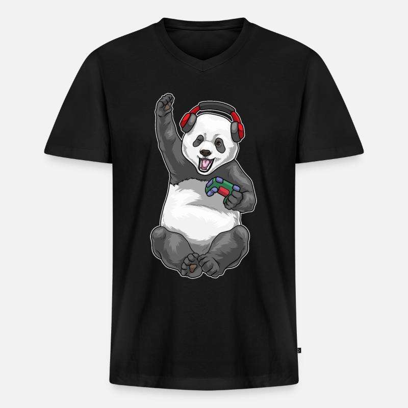 Panda Gamer Controller - Männer Premium Bio T-Shirt mit V-Ausschnitt - Schwarz