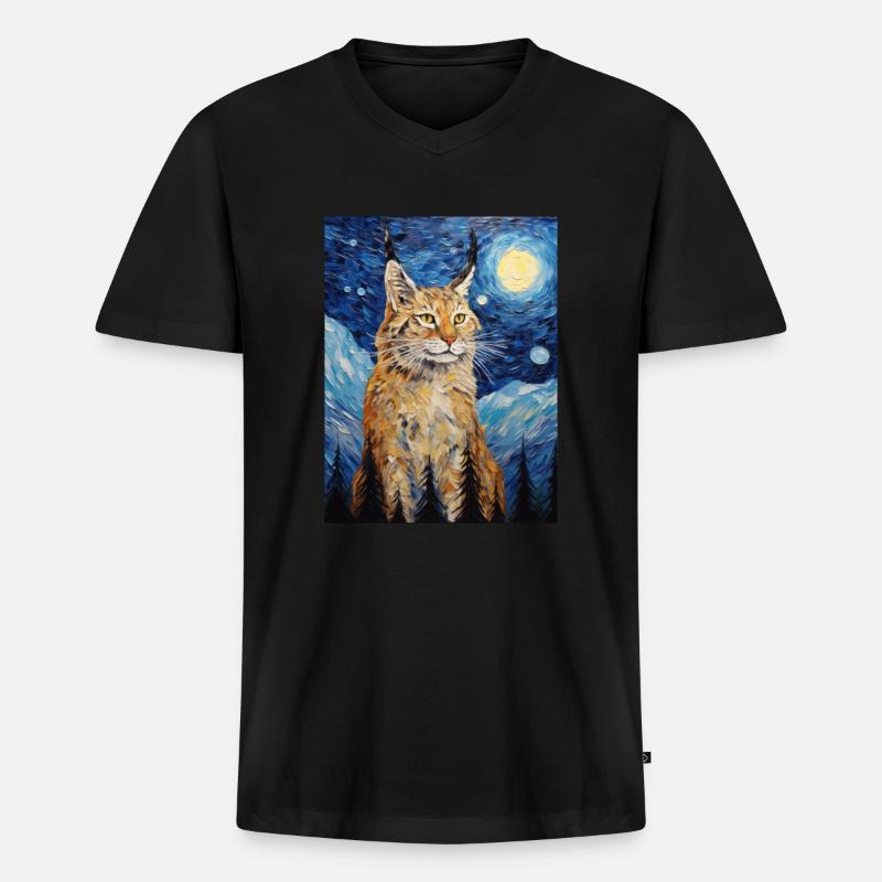 luchs, van gogh, sternennacht, tier - Männer Premium Bio T-Shirt mit V-Ausschnitt - Schwarz