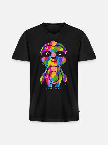Faultier Bunt - Männer Premium Bio T-Shirt mit V-Ausschnitt - Schwarz