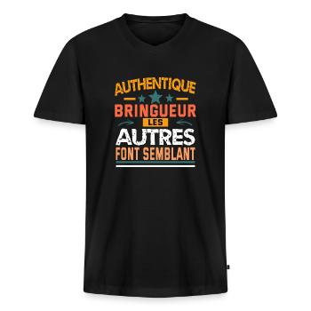 authentique bringueur - T-shirt encolure en V Premium bio Homme - noir - Devant - Nico (187cm)
