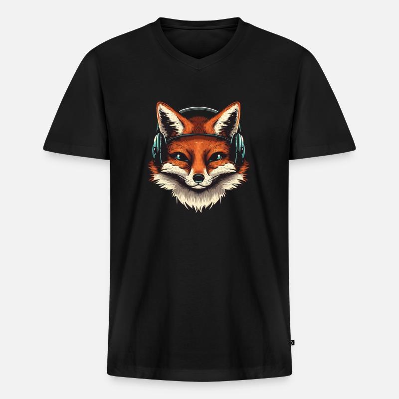Fuchs mit Kopfhörern - Männer Premium Bio T-Shirt mit V-Ausschnitt - Schwarz