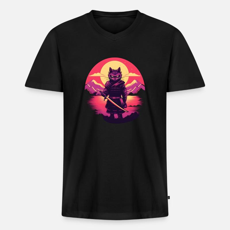 Synthwave samurai Cat - Männer Premium Bio T-Shirt mit V-Ausschnitt - Schwarz