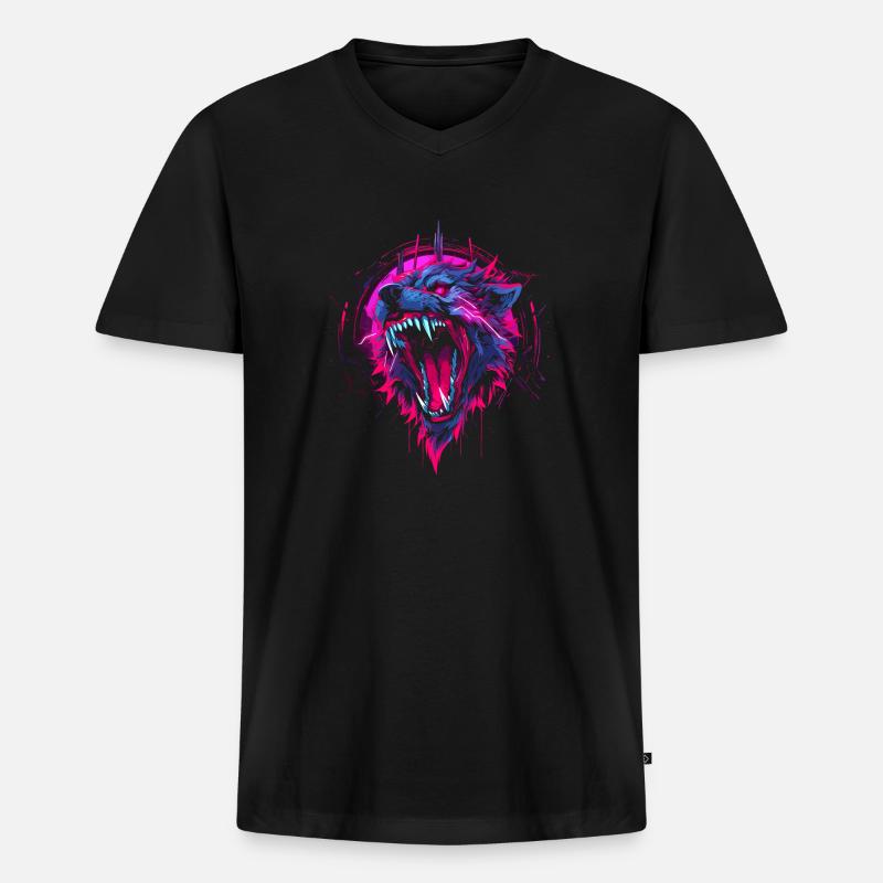 Synthwave Wolf - Männer Premium Bio T-Shirt mit V-Ausschnitt - Schwarz