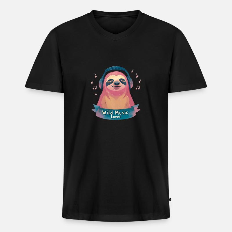 Faultier Musikliebhaber - Männer Premium Bio T-Shirt mit V-Ausschnitt - Schwarz