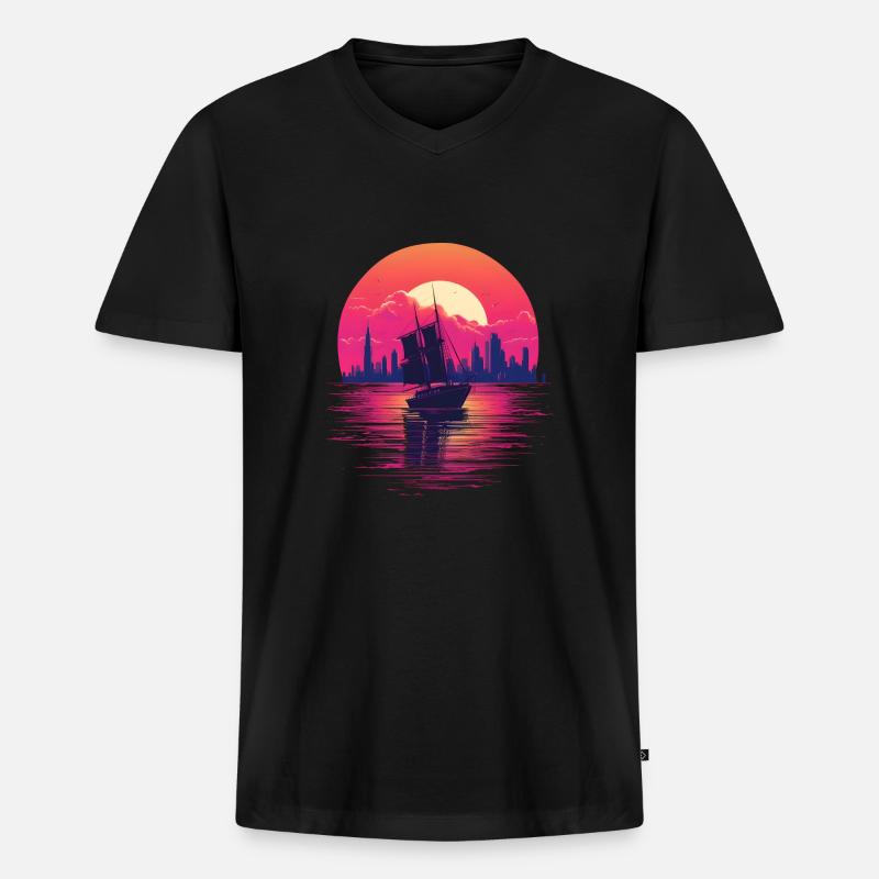 Synthwave sailing ship - Männer Premium Bio T-Shirt mit V-Ausschnitt - Schwarz