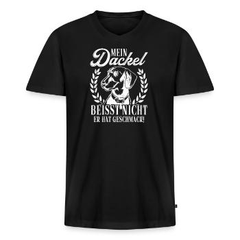 Mein Dackel beisst nicht, er hat Geschmack Dackel - Männer Premium Bio T-Shirt mit V-Ausschnitt - Schwarz - Vorne - Nico (187cm)