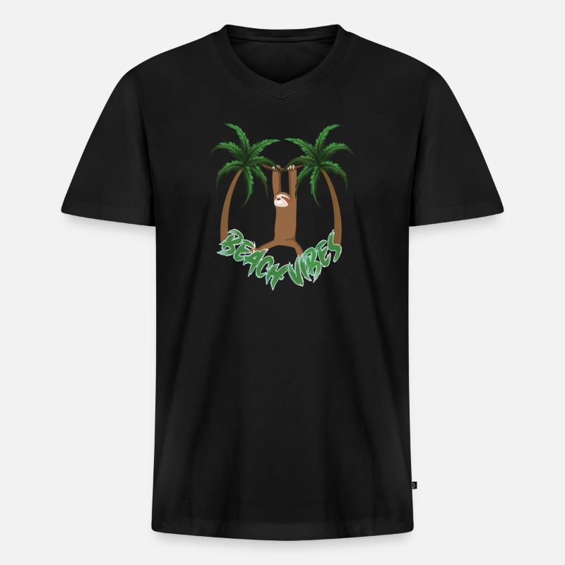 Beach Vibes Sloth - Männer Premium Bio T-Shirt mit V-Ausschnitt - Schwarz