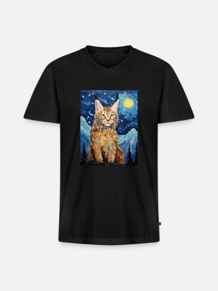 Lodjur, Van Gogh, Stjärnklar Natt, Djur, Stor Katt - Ekologisk premium-T-shirt med V-ringning herr - svart