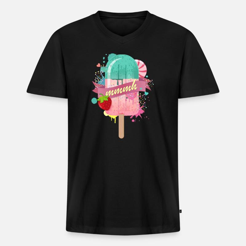 Eis am Stiel mit Erdbeere - Männer Premium Bio T-Shirt mit V-Ausschnitt - Schwarz