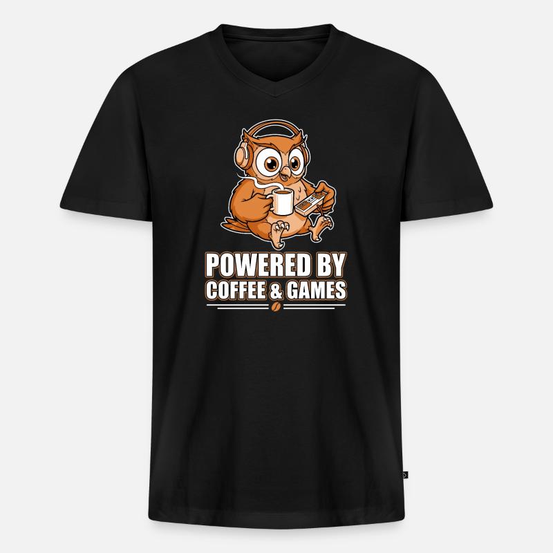 Eule mit Kaffee und Games - Männer Premium Bio T-Shirt mit V-Ausschnitt - Schwarz