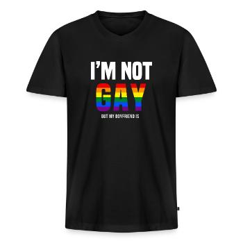 Ich bin nicht schwul, mein Freund ist es. - Männer Premium Bio T-Shirt mit V-Ausschnitt - Schwarz - Vorne - Nico (187cm)