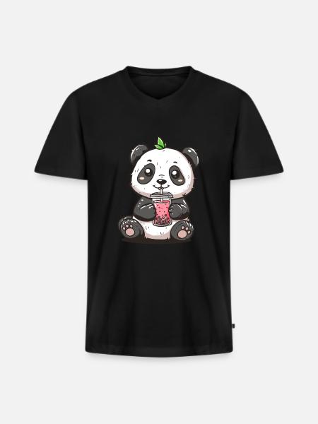 Niedlicher Panda mit Tee - Männer Premium Bio T-Shirt mit V-Ausschnitt - Schwarz
