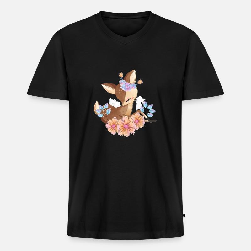 Hirsch mit Blumen - Männer Premium Bio T-Shirt mit V-Ausschnitt - Schwarz