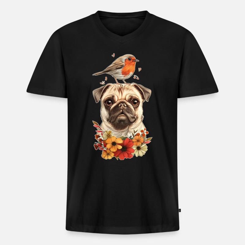 Mops mit Vogel - Männer Premium Bio T-Shirt mit V-Ausschnitt - Schwarz