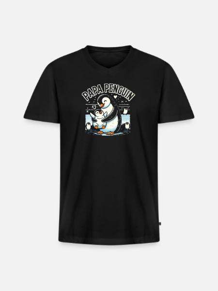Papa Pinguin - Männer Premium Bio T-Shirt mit V-Ausschnitt - Schwarz