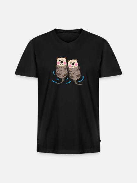 Deux loutres dans l'eau - illustration - cadeau - T-shirt encolure en V Premium bio Homme - noir