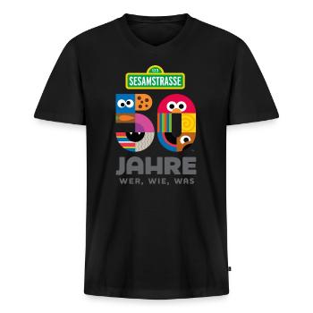 Sesamstraße 50 Jahre Jubiläum Wer, Wie, Was - Männer Premium Bio T-Shirt mit V-Ausschnitt - Schwarz - Vorne - Nico (187cm)