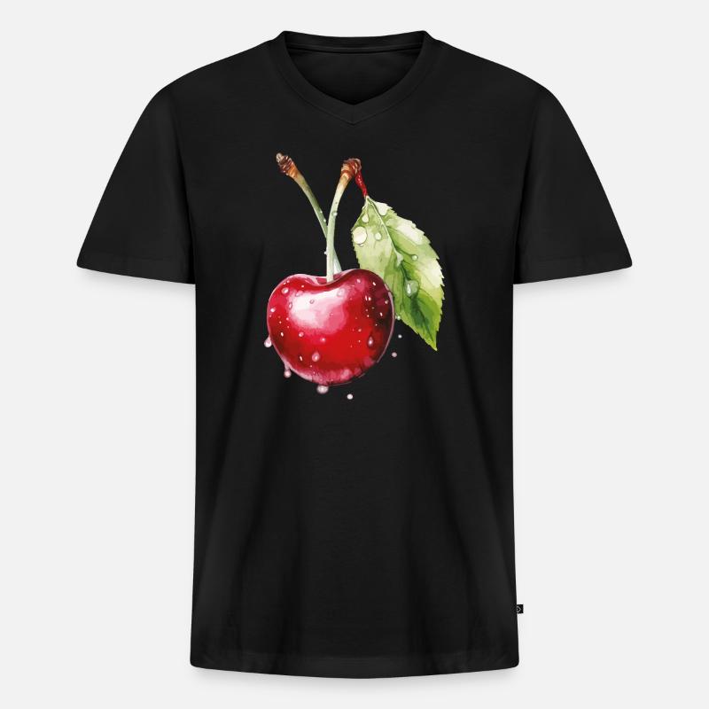Fruchtige Kirsche mit Wassertröpfchen - Männer Premium Bio T-Shirt mit V-Ausschnitt - Schwarz