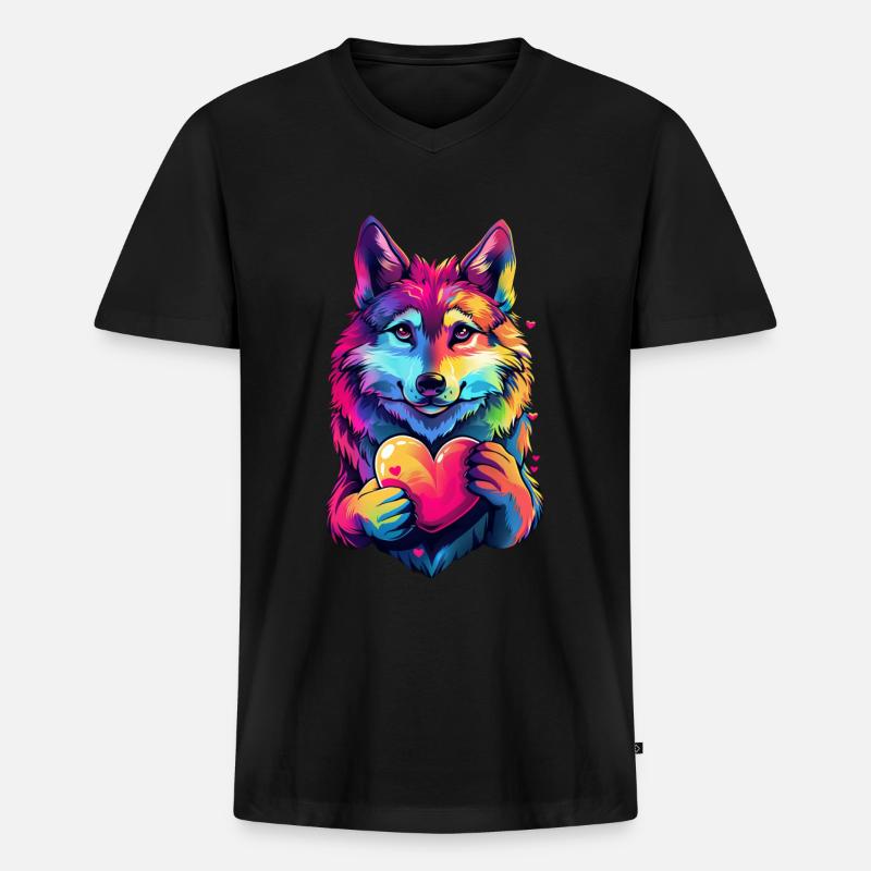 Wolf - Männer Premium Bio T-Shirt mit V-Ausschnitt - Schwarz