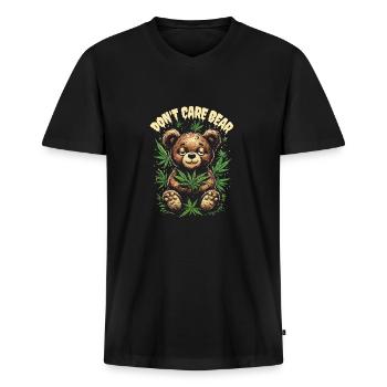 Cannabis-Design - Don’t Care Bear - Männer Premium Bio T-Shirt mit V-Ausschnitt - Schwarz - Vorne - Nico (187cm)